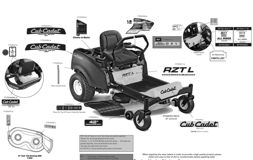Label Map Diagram and Parts List for RZT-L42KH (17RRCACS010)(2018) Cub Cadet Lawn Tractor